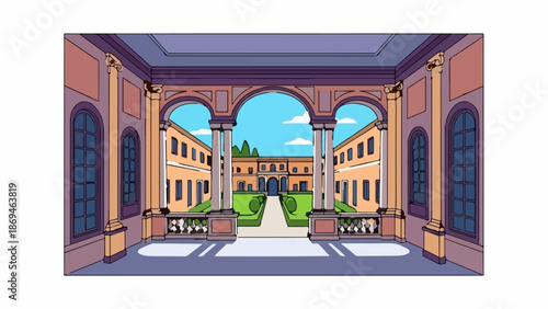 Ornate courtyard with arched walkways, flanking buildings, and manicured gardens