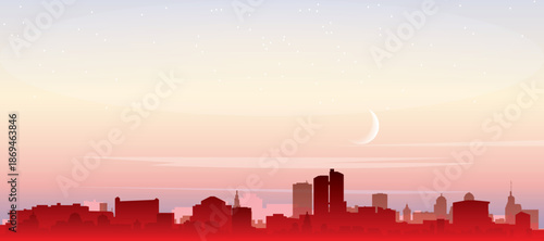Red panoramic poster of the city skyline with misty background buildings, sunrise, moon and clouds of TOKYO, JAPAN