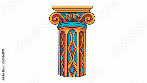 Ornate column with colorful scrolls, a blue band, and patterned shaft