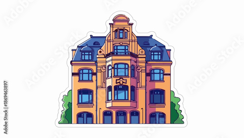 Ornate building with blue mansard roof, bay windows, and surrounding greenery