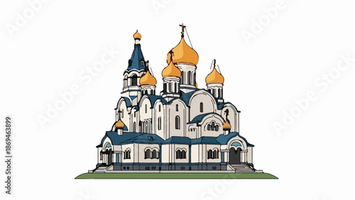 Ornate building with multiple golden domes and blue roof accents