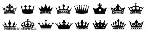 Crown vector collection. Black crown icon set. King and queen royal symbols. Exclusive VIP premium signs. Luxury heraldic emblem.