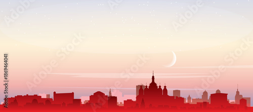 Red panoramic poster of the city skyline with misty background buildings, sunrise, moon and clouds of KYIV, UKRAINE
