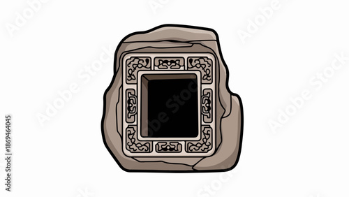 Ornate ancient stone artifact with a square void, weathered texture