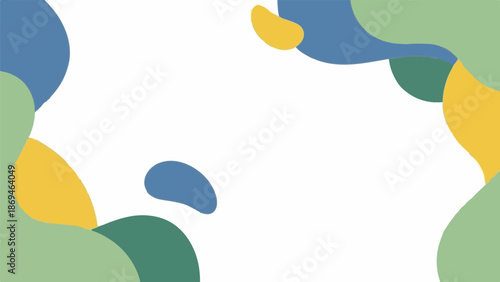 Organic abstract shapes in muted blue, green, and yellow on a white background