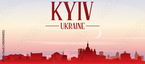 Red panoramic poster of the city skyline with misty background buildings, sunrise, moon and clouds of KYIV, UKRAINE