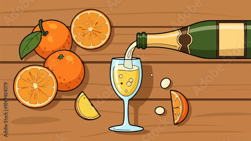 Oranges and bubbly liquid being poured into a glass on a wooden surface