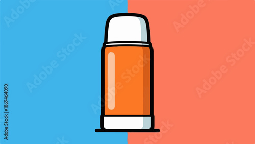 Orange thermos with white cap on a split blue and coral background