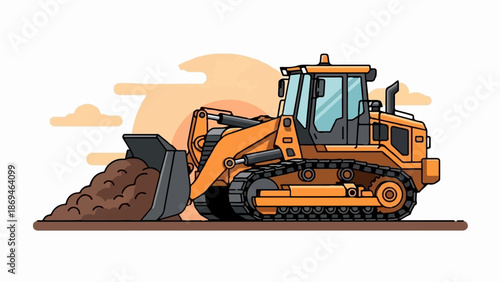 Orange tracked loader pushing a pile of brown dirt against a sunset sky