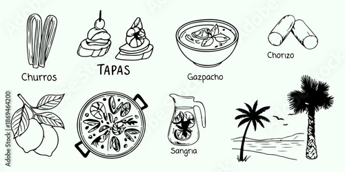 Spanish Food Doodle Vector Set – Churros Tapas Gazpacho Sangria Hand Drawn Illustration
