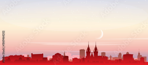 Red panoramic poster of the city skyline with misty background buildings, sunrise, moon and clouds of PRAGUE, CZECH REPUBLIC