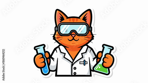 Orange cat in a lab coat and goggles holding test tubes