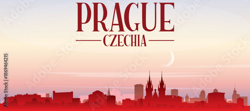Red panoramic poster of the city skyline with misty background buildings, sunrise, moon and clouds of PRAGUE, CZECH REPUBLIC