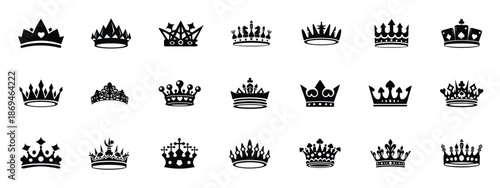 Crown icons, vector set. Crown vector, silhouette, icon. Crown symbol set. King, Princess crowns. Collection of crown silhouette. Vector illustration.
