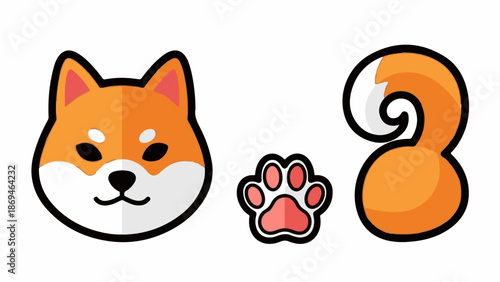 Orange and white stylized dog face, paw print, and curled tail