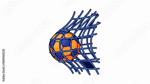 Orange and blue ball caught in a blue net