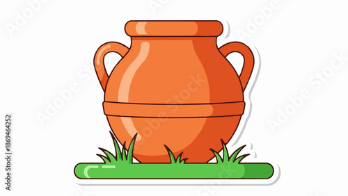 Orange amphora with handles sits on green grass with a white background