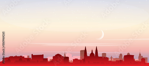 Red panoramic poster of the city skyline with misty background buildings, sunrise, moon and clouds of GUADALAJARA, MEXICO