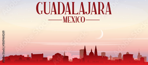 Red panoramic poster of the city skyline with misty background buildings, sunrise, moon and clouds of GUADALAJARA, MEXICO