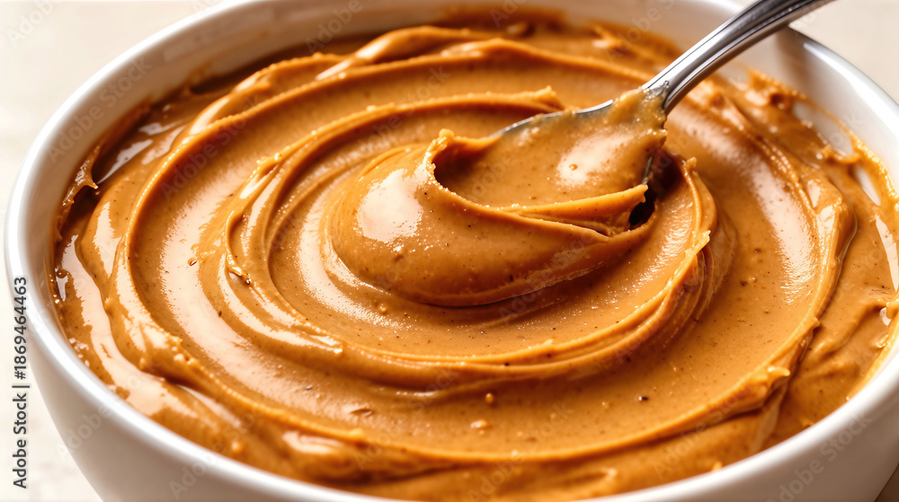 Fototapeta premium Close-up of Creamy Peanut Butter Swirl in White Ceramic Bowl with Spoon - Warm Comfort Food, Nutty Delight, Smooth Texture, Homestyle Indulgence
