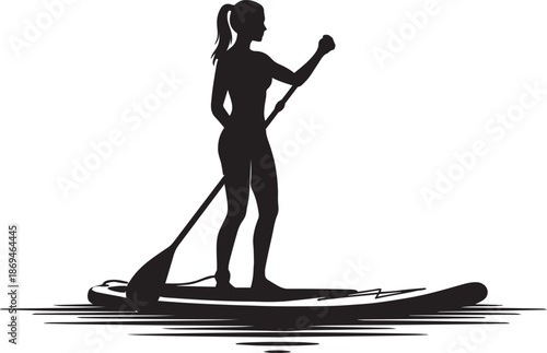 Stand Up Paddleboarding Woman Silhouette Vector Illustration on Water Surface