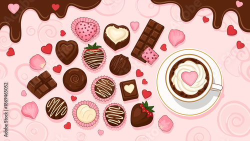 Assorted chocolate treats and coffee with heart-shaped designs on a pink background