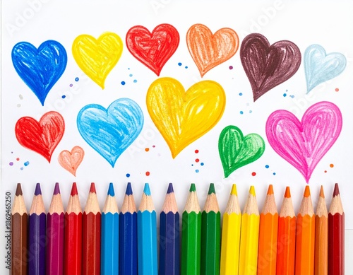 colored pencils and vibrant hearts drawing on white paper, happy valentine background