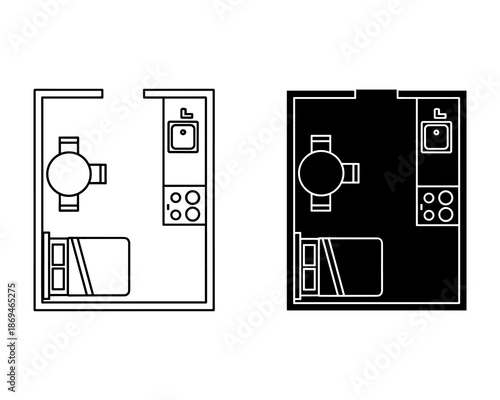 Black and white floor plan of a bathroom with a toilet sink and shower