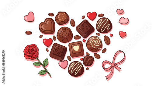 Assorted chocolates and sweets arranged in a heart shape with hearts and a rose