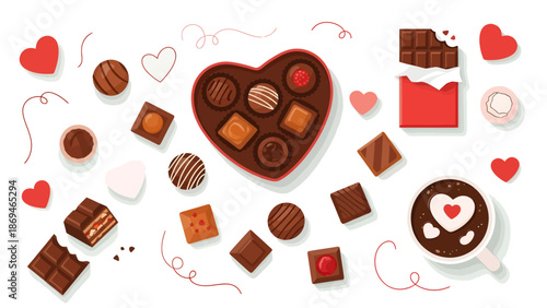 Assorted chocolates and sweets arranged around a heart-shaped box filled with chocolates on a white background with decorative elements