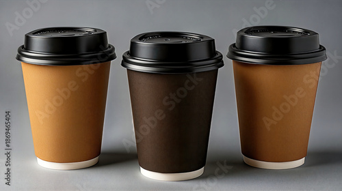 Wallpaper Mural Minimalist Product Photo Three Brown Paper Coffee Cups with Black Lids on a Neutral Gray Surface - Eco-Friendly Takeaway Drinkware Torontodigital.ca