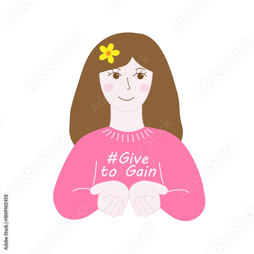 Give to gain - 8 th March - vector image - a cute girl in a pink sweater holds her hands forward