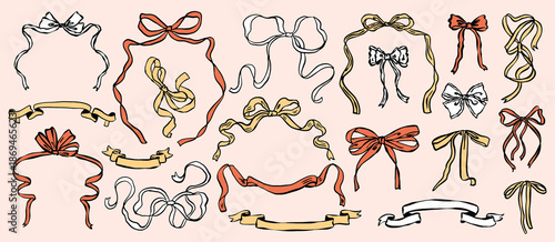 Whimsical bow and ribbon illustration collection in hand-drawn ink sketch style. Cute decorative bows and flowing ribbons for romantic, vintage, and aesthetic design projects.