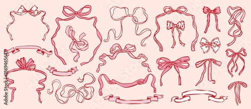 Whimsical bow and ribbon illustration collection in hand-drawn ink sketch style. Cute decorative bows and flowing ribbons for romantic, vintage, and aesthetic design projects.