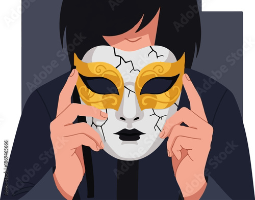 Person holding cracked Venetian mask with gold eye accents and black lips