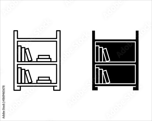 Two black and white bookshelves with books and boxes on shelves bookshelf