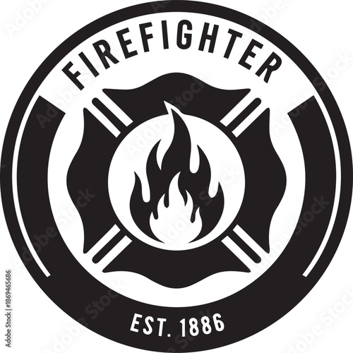 Firefighter Emblem Vector – Vintage Fire Department Logo with Maltese Cross and Flame, Fire Rescue Service Badge Design