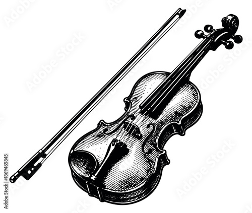 Hand drawn musical instrument set featuring a violin and bow for music concepts and artistic projects