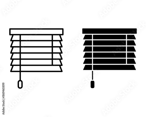 Two black and white window blinds with different orientations and a control cord horizontal