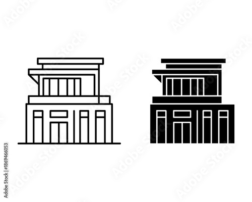 Two identical buildings with columns and triangular roofs in black and white line black and white