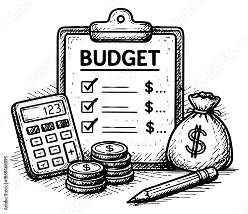 Hand drawn line art financial tools set featuring a budget clipboard, calculator, money bag, coins, and a pencil for financial planning