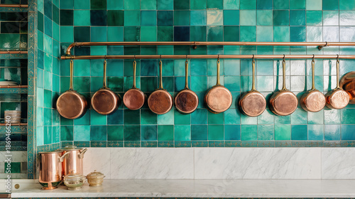 Green tile wall copper saucepan hanging kitchen interior modern vintage charm