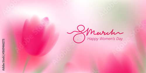 Spring floral background. Blurred gradient ethereal flowers.  Pink macro flowers. 8 March greeting card. Spring blooming field with tulips. Horizontal natural landscape.