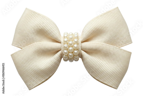 Fotografie Cream grosgrain hair bow with pearl center bead
