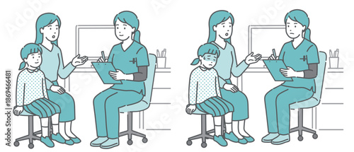 問診と体調不良の親子セット（女の子・女性医師・スクラブ）