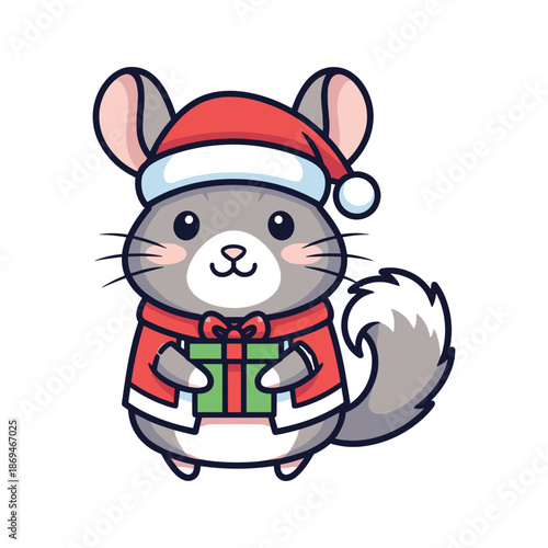 Chinchilla in Santa Hat Holding Gift Box