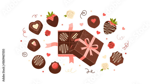 A beautifully illustrated chocolate gift box surrounded by strawberries and hearts in a festive arrangement