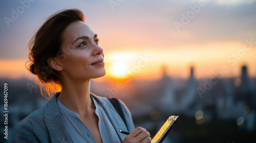Woman reflecting at sunrise display, writing notes above city clouds, contemplative urban visualization, elevated observation concept, professional morning representation, with copy space