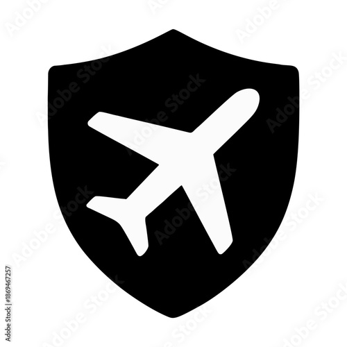 A simple airplane icon enclosed in a shield shape.