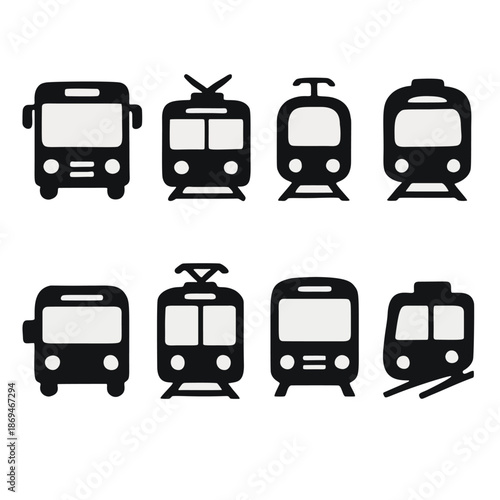 A cohesive set of 8 public transport vector icons (bus, tram, subway, etc.).